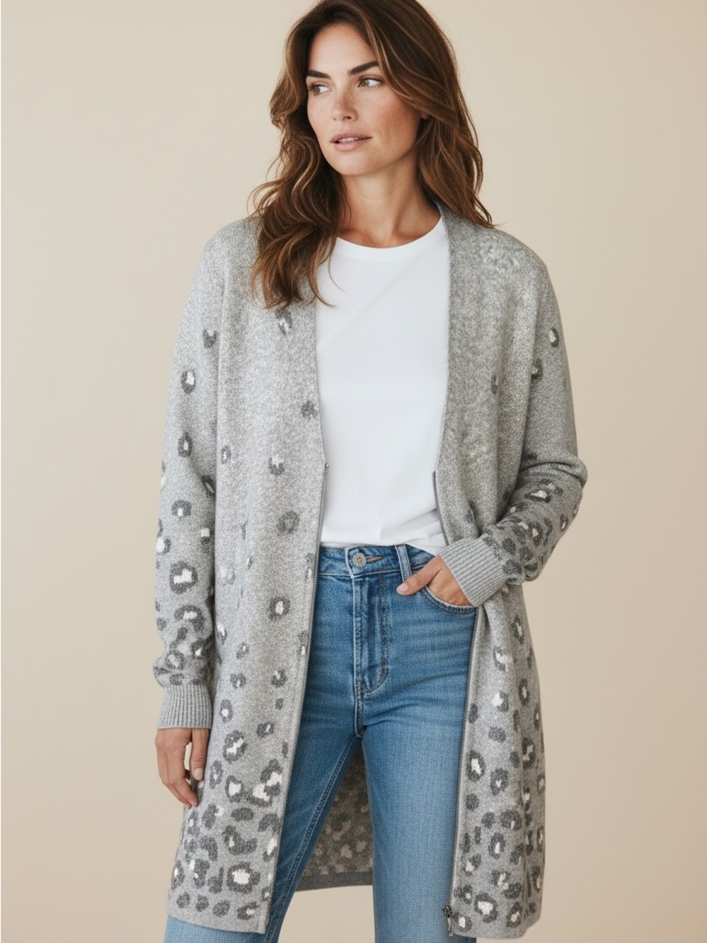 8 Chico's Heather Gray Leopard-Print Open Cardigan